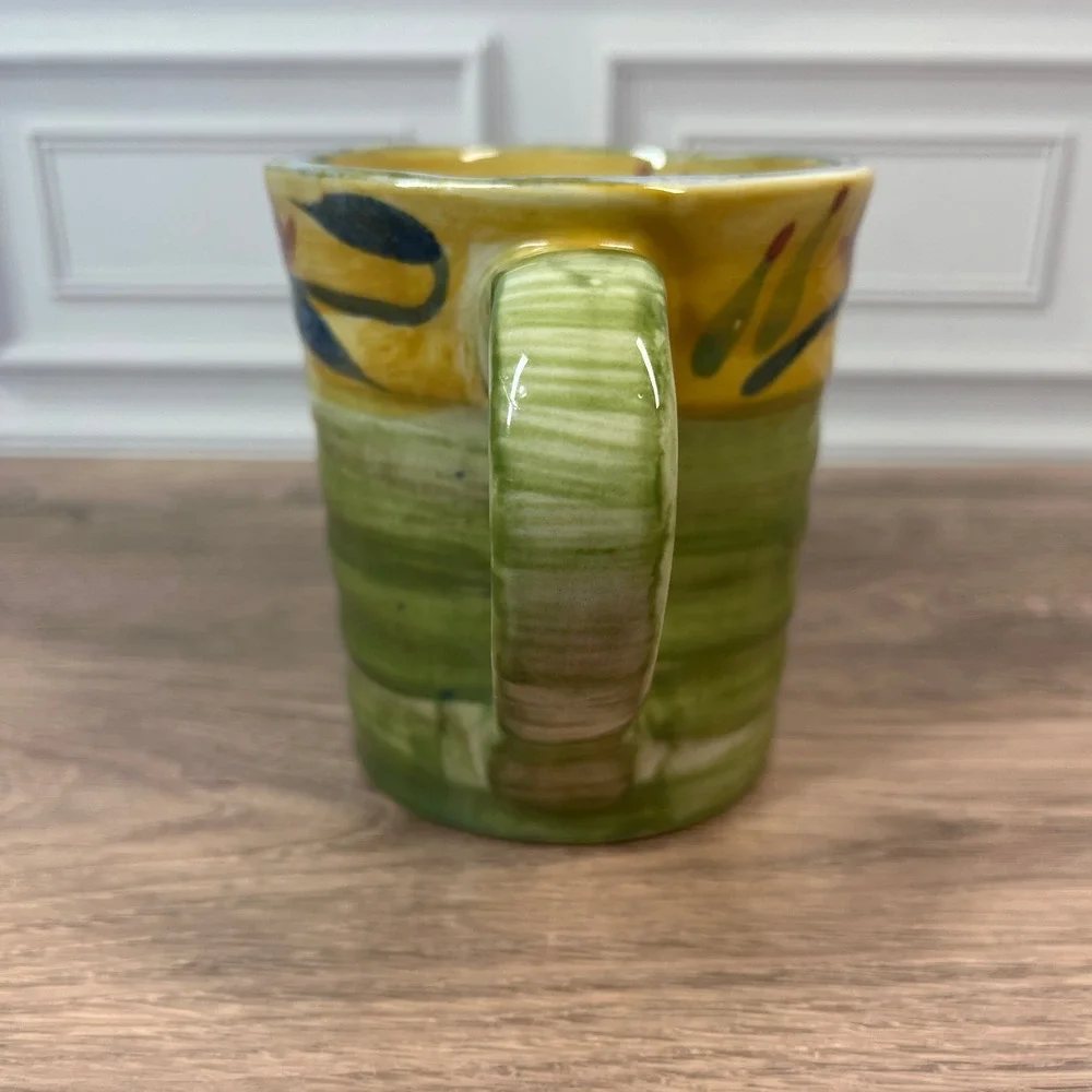 Pier 1 Elizabeth 16oz Coffee Tea‎ Mug Green Yellow Handpainted Floral Stoneware